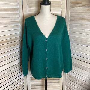 Breal Paris France Forest Green Mohair Blend Shell Button V Neck Cardigan L